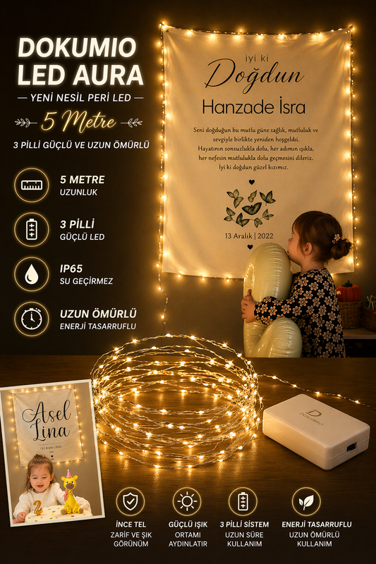 Dokumio Led Aura – 5 Metre İnce Tel Peri LED Işık | 3 Pilli Güçlü & Uzun Ömürlü