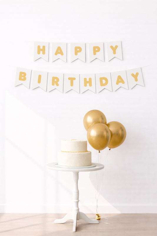 Beyaz/Altın Happy Birthday Karton Flama (#FL006)