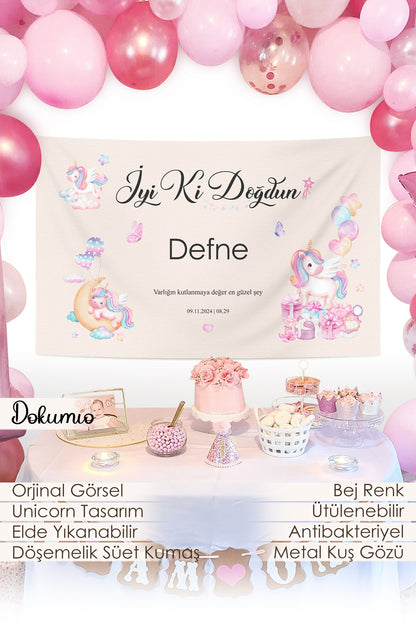 Kişiselleştirilebilir Unicorn Temalı Doğum Günü Örtüsü (#121)
