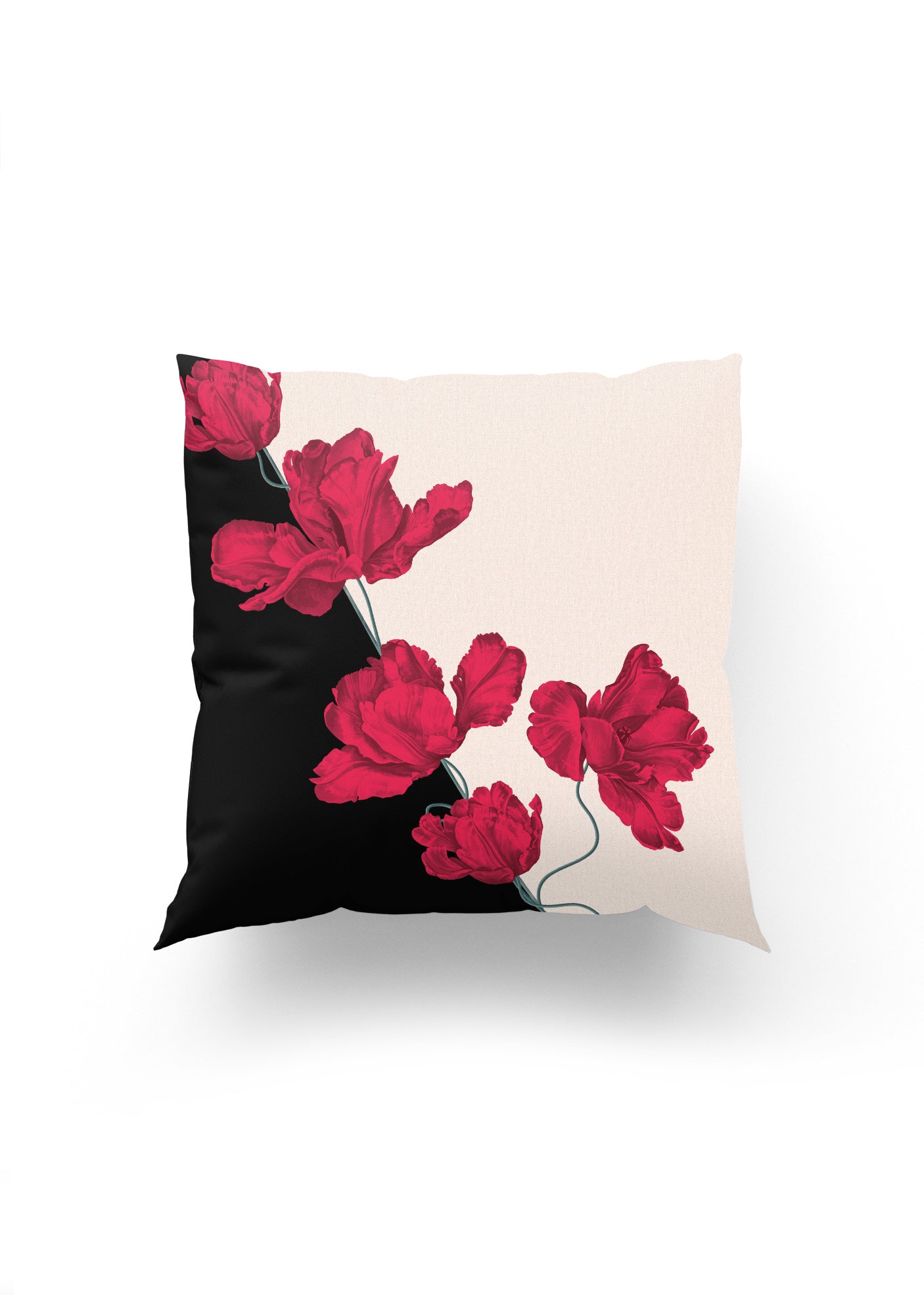 Tutkulu Kırmızı Çiçekler – Siyah ve Bejin Büyüleyici Kontrastıyla Lüks Kırlent Kılıfı